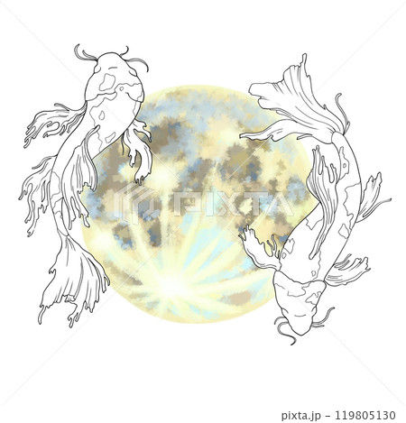 Drawing of two fish on the background of the Moon. An illustration of the horoscope of the Pisces sign. For printing maps, postcards, calendars. Design of astrological sites, tests, predictions, etc. 119805130