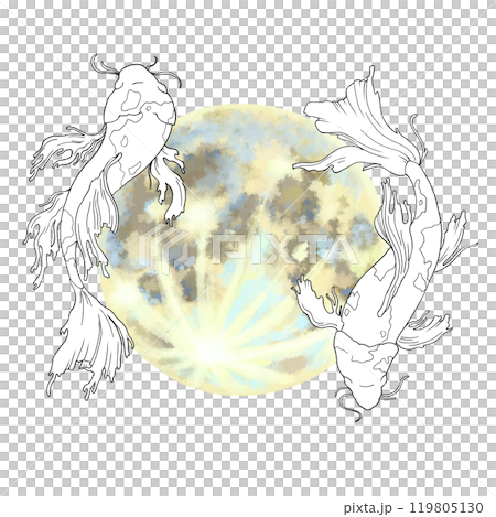 Drawing of two fish on the background of the Moon. An illustration of the horoscope of the Pisces sign. For printing maps, postcards, calendars. Design of astrological sites, tests, predictions, etc. 119805130