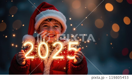 Smiling child holding 2025 sparklers in hands at New Years Eve party indoors 119805453