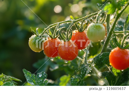 Cherry tomatoes with dew in the morning sun 119805637