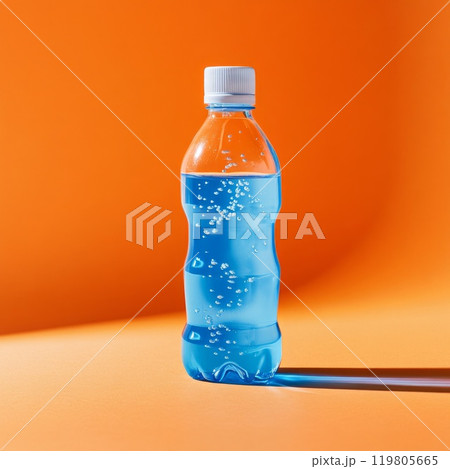 Bottle with blue water on orange background Bottle with blue water on orange background 119805665