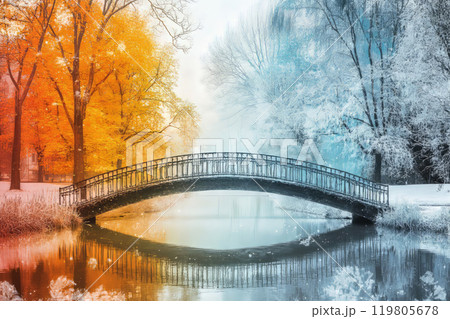 bridge over a river leading from autumn to winter 119805678