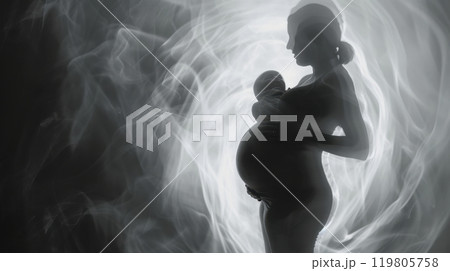 Pregnant woman holding her baby and belly with a happy face on a white background Pregnant woman holding her baby and belly with a happy face on a white background 119805758