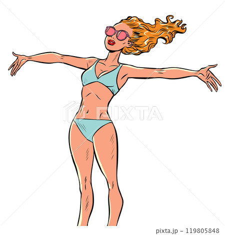 Vacation at sea abroad. Woman and ocean. Summer clothes and attributes, for vacation. Vacation at sea abroad. Woman and ocean. Summer clothes and attributes, for vacation. 119805848