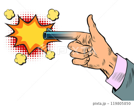 Hand gesture gun with explosion effect. Discounts and promotions for business clients. Effective bright price special offer. 119805850