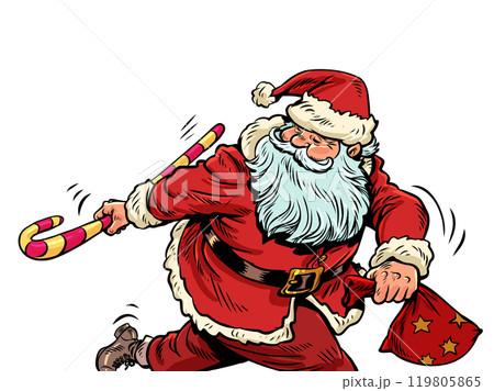 New Year and Christmas are approaching. Santa Claus is running with a cane, lollipop and a bag of gifts. Limited offer for customers in winter. New Year and Christmas are approaching. Santa Claus is running with a cane, lollipop and a bag of gifts. Limited offer for customers in winter. 119805865