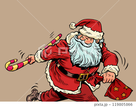 New Year and Christmas are approaching. Santa Claus is running with a cane, lollipop and a bag of gifts. Limited offer for customers in winter. New Year and Christmas are approaching. Santa Claus is running with a cane, lollipop and a bag of gifts. Limited offer for customers in winter. 119805866