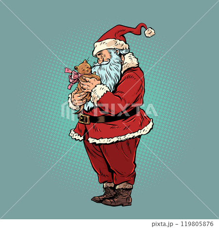 Animals for New Year and Christmas. Santa Claus hugs a kitten. Gifts for winter holidays. 119805876