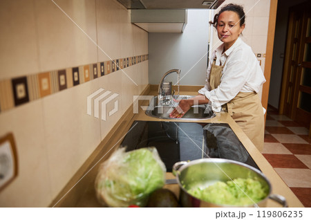 Woman preparing food in kitchen with fresh ingredients Woman preparing food in kitchen with fresh ingredients 119806235