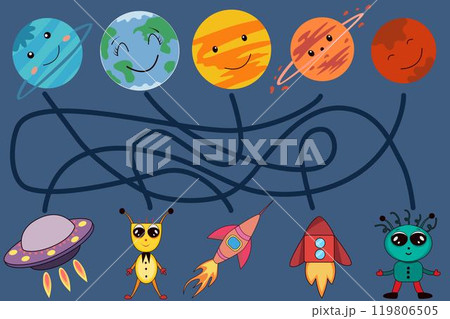 Children's logic game to pass the labyrinth. Space labyrinth, planets and aliens. Educational game. Kindergarten class, lesson, teaching, learning. Space labyrinth maze 119806505