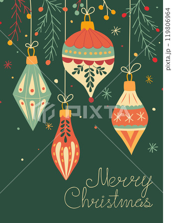 Colorful vintage style Christmas ornaments, festive foliage, snowflakes on green background Colorful vintage style Christmas ornaments, festive foliage, snowflakes on green background 119806964