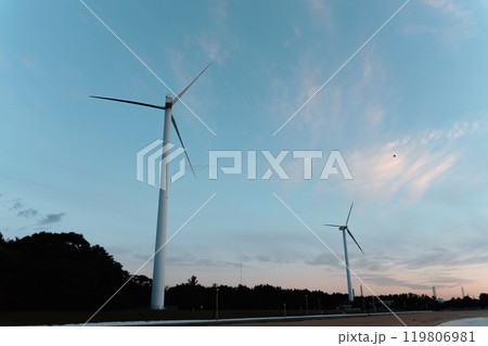 秋の新舞子の早朝と風車 秋の新舞子の早朝と風車 119806981