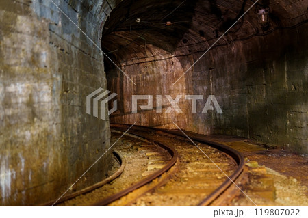 Exploring an Abandoned Old Rusty Mine Tunnel with Tracks and Mysterious Shadows in the Darkness 119807022