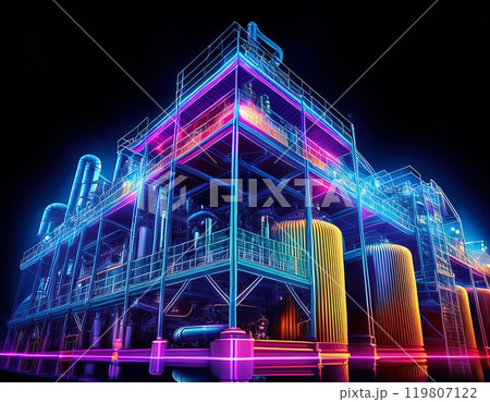 A vibrant, illuminated industrial facility showcasing neon colors at night with complex machinery and structures. Generative AI A vibrant, illuminated industrial facility showcasing neon colors at night with complex machinery and structures. Generative AI 119807122