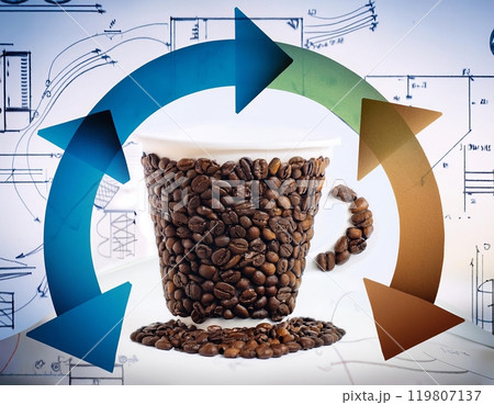 Conceptual design featuring a coffee cup adorned with coffee beans against a backdrop of engineering sketches and circular arrows. Generative AI 119807137