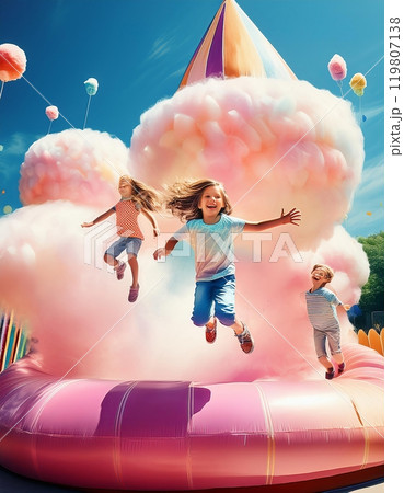 Children joyfully jumping on a colorful inflatable structure resembling cotton candy during a sunny outdoor festival. Generative AI Children joyfully jumping on a colorful inflatable structure resembling cotton candy during a sunny outdoor festival. Generative AI 119807138