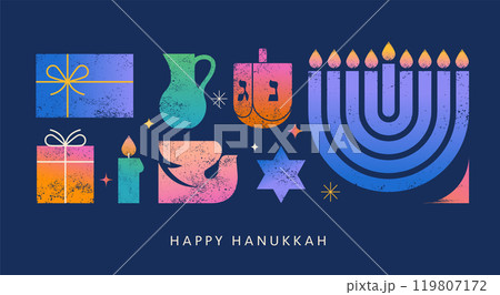 Happy Hanukkah banner, background, poster. Modern design for traditional holiday. Menorah, dove 119807172