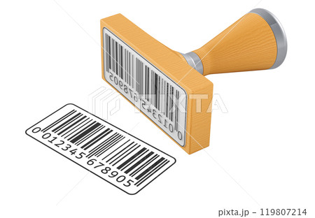 Wooden stamper, seal with barcode label. 3D rendering Wooden stamper, seal with barcode label. 3D rendering 119807214