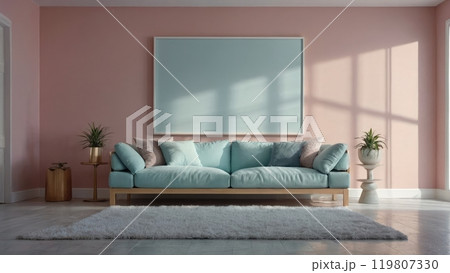 Elegant and Cozy Living Room Interior Design Featuring a Stylish Sofa and Lush Green Plants 119807330