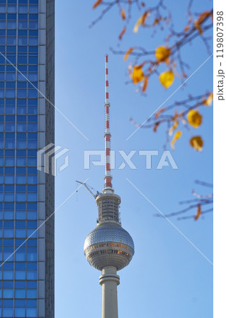 Autumn in Berlin, Germany with famous TV Tower and yellow leaves 119807398