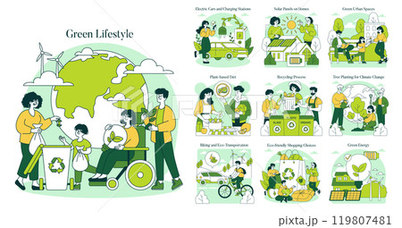 Green Lifestyle set. Sustainable living practices and eco-friendly habits. Recycling, plant-based diet, renewable energy, and green urban spaces. Vector illustration. 119807481