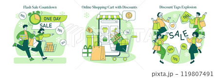 Green Monday set. Shoppers rushing for discounts, browsing sales online, and enjoying price reductions. Seasonal shopping frenzy illustrated. Vector illustration. 119807491