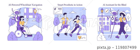 AI Assistive Devices set. Wheelchair, prosthetic limb, and guide robot help disabled individuals. Enhancing mobility and independence. Vector illustration. 119807499