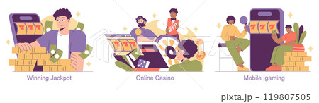 Igaming set. Excitement of virtual gambling, online betting, and winning jackpots. Las Vegas at your fingertips through mobile and online platforms. Vector illustration. Igaming set. Excitement of virtual gambling, online betting, and winning jackpots. Las Vegas at your fingertips through mobile and online platforms. Vector illustration. 119807505
