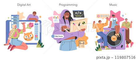 Gen Z Hobbies set. Young adults engaged in digital art, programming, and music production. Creativity and technology merge in youth pastimes. Vector illustration. 119807516