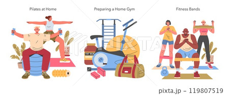 Home Fitness Set. Indoor exercise routines with Pilates, gym equipment assembly, and resistance band workouts. Vector illustration. Home Fitness Set. Indoor exercise routines with Pilates, gym equipment assembly, and resistance band workouts. Vector illustration. 119807519