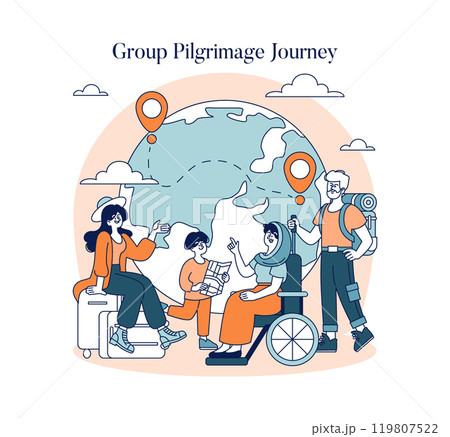 Pilgrimage concept. A diverse group of travelers gathers for a spiritual journey, depicted with a global map backdrop. Religious travel pursuit. Vector illustration. 119807522