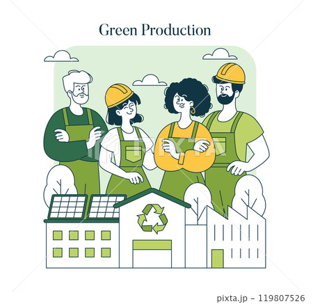 Eco-friendly fashion concept. Workers unite in sustainable apparel manufacturing with solar energy and recycling. Sustainable production innovation. Vector illustration. Eco-friendly fashion concept. Workers unite in sustainable apparel manufacturing with solar energy and recycling. Sustainable production innovation. Vector illustration. 119807526