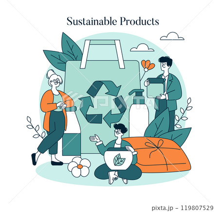 Sustainable Products concept. People promoting eco-friendly products with a recycle symbol. Advocacy for green living and environmental awareness. Vector illustration. Sustainable Products concept. People promoting eco-friendly products with a recycle symbol. Advocacy for green living and environmental awareness. Vector illustration. 119807529