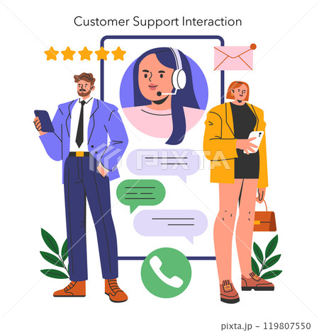 Customer Support Interaction concept. Illustration of a friendly call center representative assisting clients with inquiries. Client satisfaction, effective communication. Customer Support Interaction concept. Illustration of a friendly call center representative assisting clients with inquiries. Client satisfaction, effective communication. 119807550