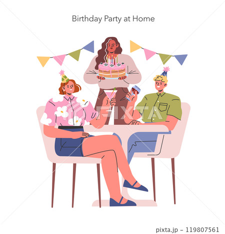 Indoor Birthday Celebration concept. Friends enjoying a cozy party with cake and decorations at home. Joyful domestic gathering. Vector illustration. 119807561