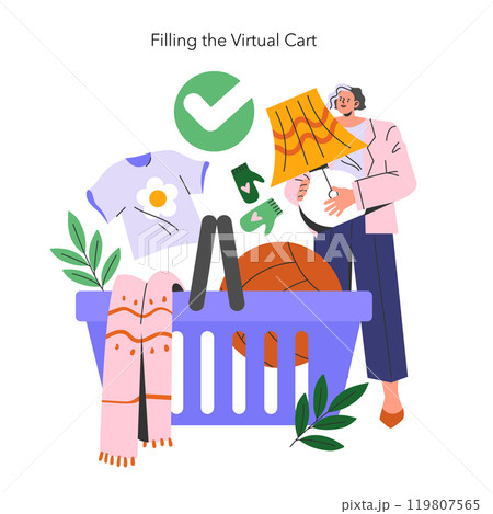 Cyber Monday shopping spree concept. Person loading various items into a virtual cart, symbolizing online sales and deals. Colorful digital consumerism. Vector illustration. Cyber Monday shopping spree concept. Person loading various items into a virtual cart, symbolizing online sales and deals. Colorful digital consumerism. Vector illustration. 119807565