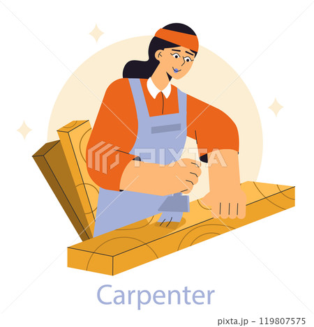 Carpenter concept. Skilled female carpenter sanding a wooden plank in a workshop. Craftsperson in work attire engaging in woodworking. Vector illustration. 119807575