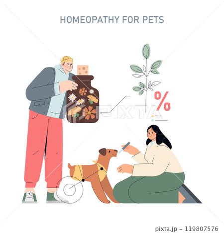 Homeopathy concept. A woman treats a dog with natural remedies as a man holds a large bottle of floral medicine. Pet alternative healthcare. Vector illustration. Homeopathy concept. A woman treats a dog with natural remedies as a man holds a large bottle of floral medicine. Pet alternative healthcare. Vector illustration. 119807576