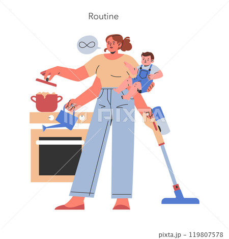 Multitasking mother concept. A busy woman juggles cooking, child care, and household chores. Balancing family duties and daily routine. Vector illustration. 119807578