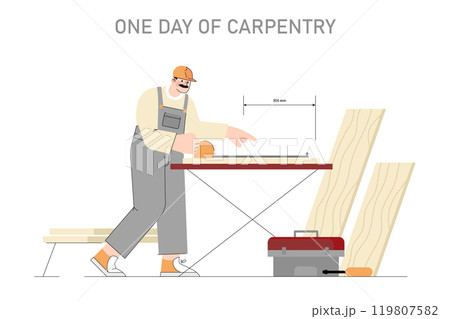 Carpentry concept. A carpenter measures and cuts wood at the workbench, showcasing woodworking skills and precise craftsmanship. Vector illustration. Carpentry concept. A carpenter measures and cuts wood at the workbench, showcasing woodworking skills and precise craftsmanship. Vector illustration. 119807582
