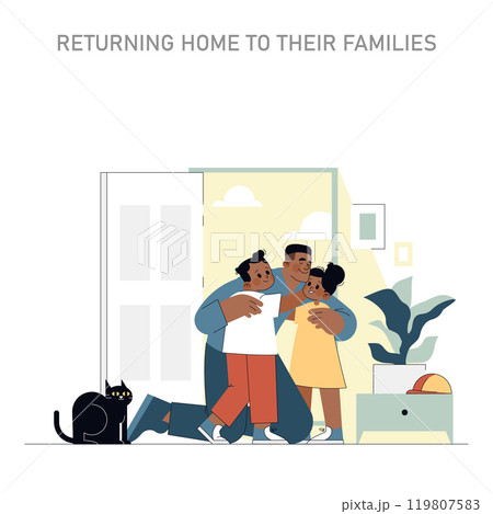 Family joy as a builder returns home, sharing a warm embrace with loved ones after a fulfilling day of work. Vector illustration. Family joy as a builder returns home, sharing a warm embrace with loved ones after a fulfilling day of work. Vector illustration. 119807583