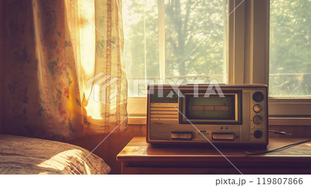 ヴィンテージラジオと柔らかな朝の日差しが差し込む窓辺のノスタルジックな室内風景 ヴィンテージラジオと柔らかな朝の日差しが差し込む窓辺のノスタルジックな室内風景 119807866