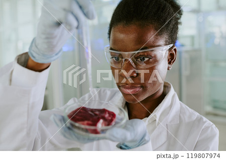 Scientist observing sample in laboratory, wearing protective gloves and glasses, demonstrating precision and focus with laboratory environment in background 119807974