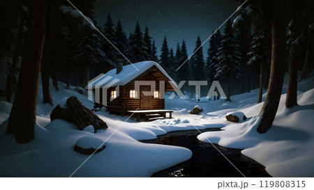 Dreamlike winter scenery with cozy snow covered log cabin with lit porch on creek shore among snowy fir forest at dark wintry night. No people digital art 3D illustration of secluded rural place. 119808315