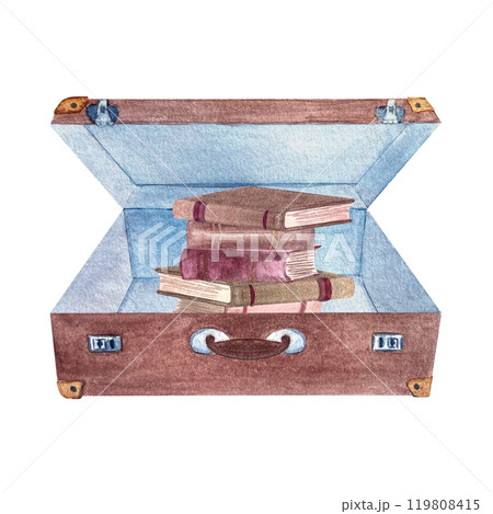 An open vintage brown suitcase with stack of books illustration isolated on white. Hand drawn for stickers, stationary, book shop decor and design, cards. Vintage clip art. Grandma's. Old-fashioned 119808415