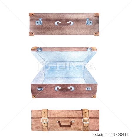 Vintage brown suitcases open and closed set vertical watercolor seamless border isolated on white. Hand drawn for stationary, souvenir decor and design, wrapping paper. Old-fashioned. Vintage clip art 119808416