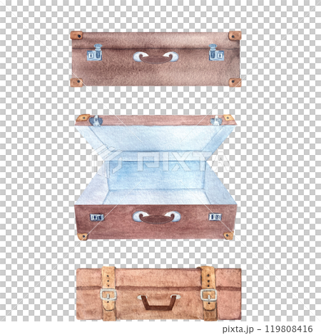 Vintage brown suitcases open and closed set vertical watercolor seamless border isolated on white. Hand drawn for stationary, souvenir decor and design, wrapping paper. Old-fashioned. Vintage clip art 119808416