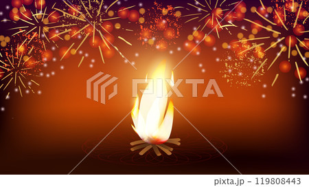 Happy Lohri Indian holiday festival bright bonfire and fireworks. Gratitude for harvest. Design invitation card banner poster. Vector illustration. 119808443