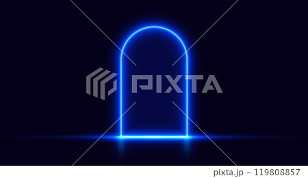 Neon door, blue glowing portal, futuristic arch, magic gate background. 119808857