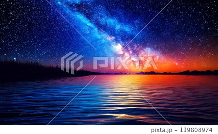 湖の近くで見る夜空のオーロラと天の川　生成AI素材 119808974